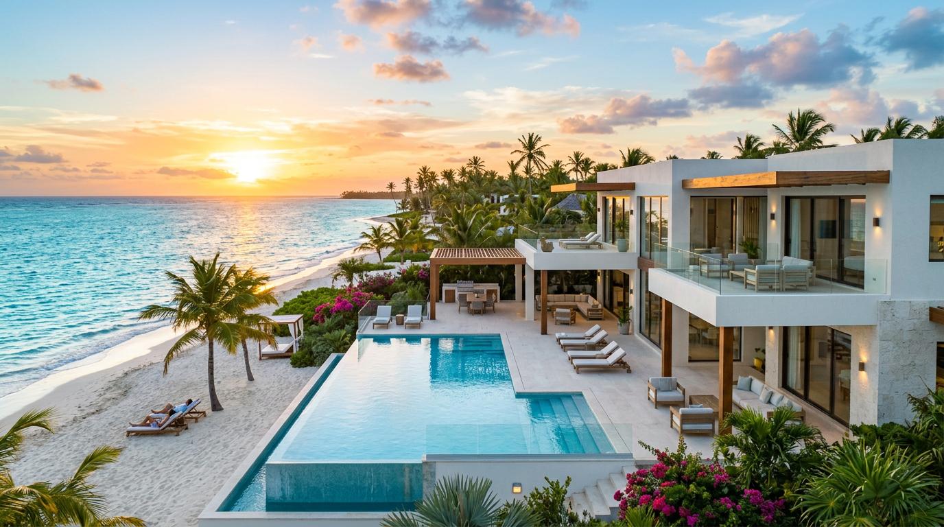 Punta Cana Beachfront Villa exterior with pool and ocean view